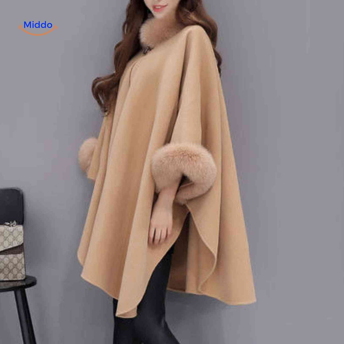 Cape en laine avec col en fourrure pour femme, coupe trois-quarts trapèze, chaude, élégante, pour l’automne et l’hiver, poncho portefeuille | Sansoti