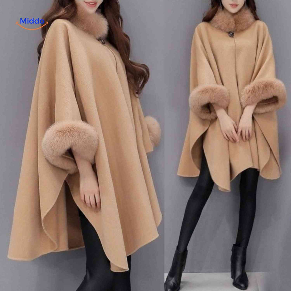 Cape en laine avec col en fourrure pour femme, coupe trois-quarts trapèze, chaude, élégante, pour l’automne et l’hiver, poncho portefeuille | Sansoti