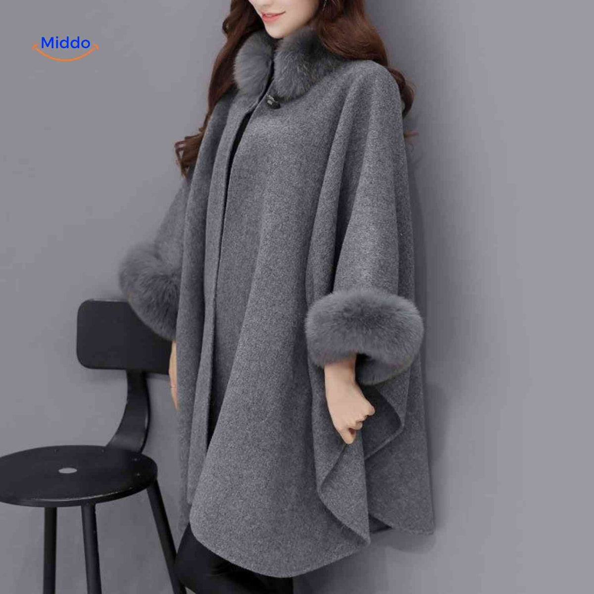 Cape en laine avec col en fourrure pour femme, coupe trois-quarts trapèze, chaude, élégante, pour l’automne et l’hiver, poncho portefeuille | Sansoti