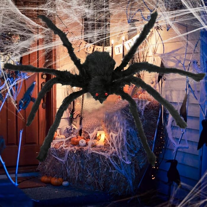 Dekoracja halloweenowa w formie gigantycznego pająka 125 cm z giętkimi nogami i czerwonymi oczami do wnętrz i na zewnątrz - nawiedzony dom | Sansoti