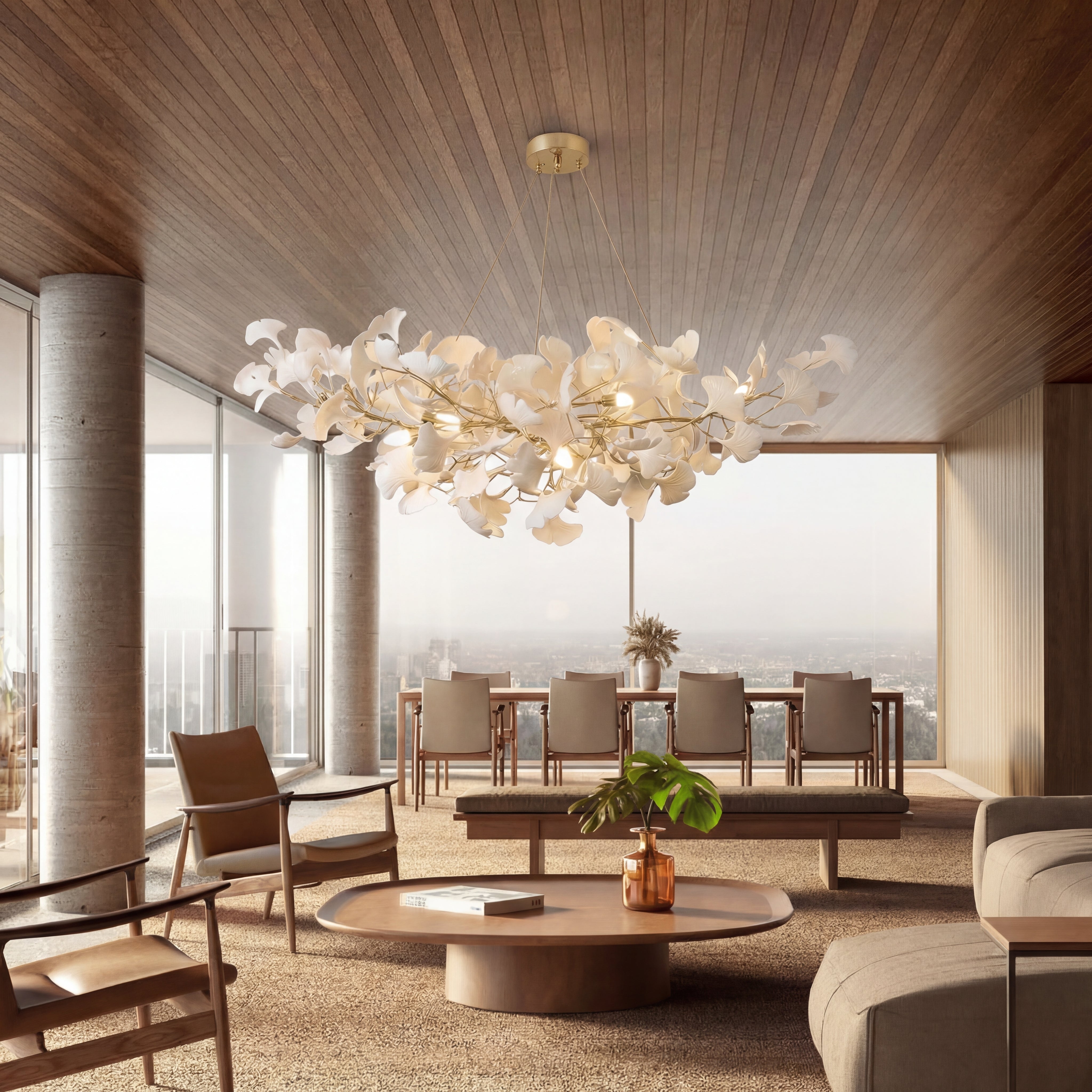 Suspension feuille de ginkgo en céramique avec LED et cordon réglable, pour salle à manger et salon, design moderne scandinave | Sansoti