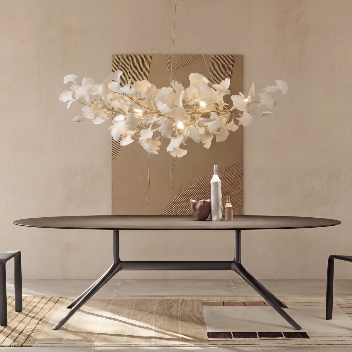 Suspension feuille de ginkgo en céramique avec LED et cordon réglable, pour salle à manger et salon, design moderne scandinave | Sansoti