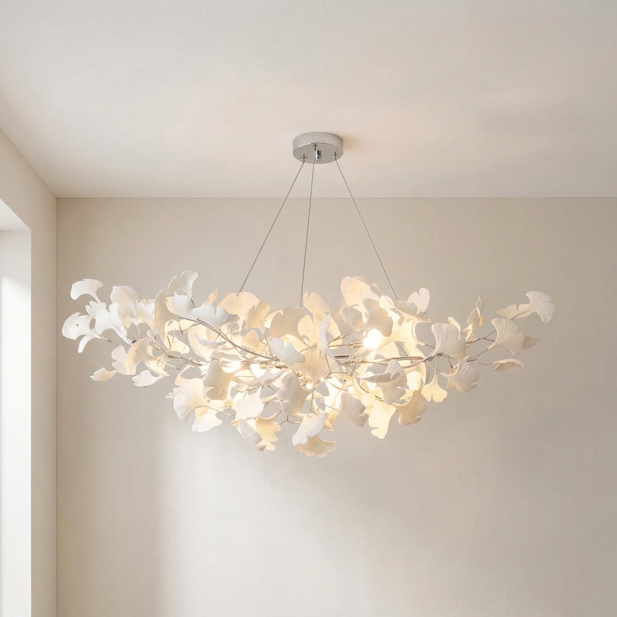Suspension feuille de ginkgo en céramique avec LED et cordon réglable, pour salle à manger et salon, design moderne scandinave | Sansoti