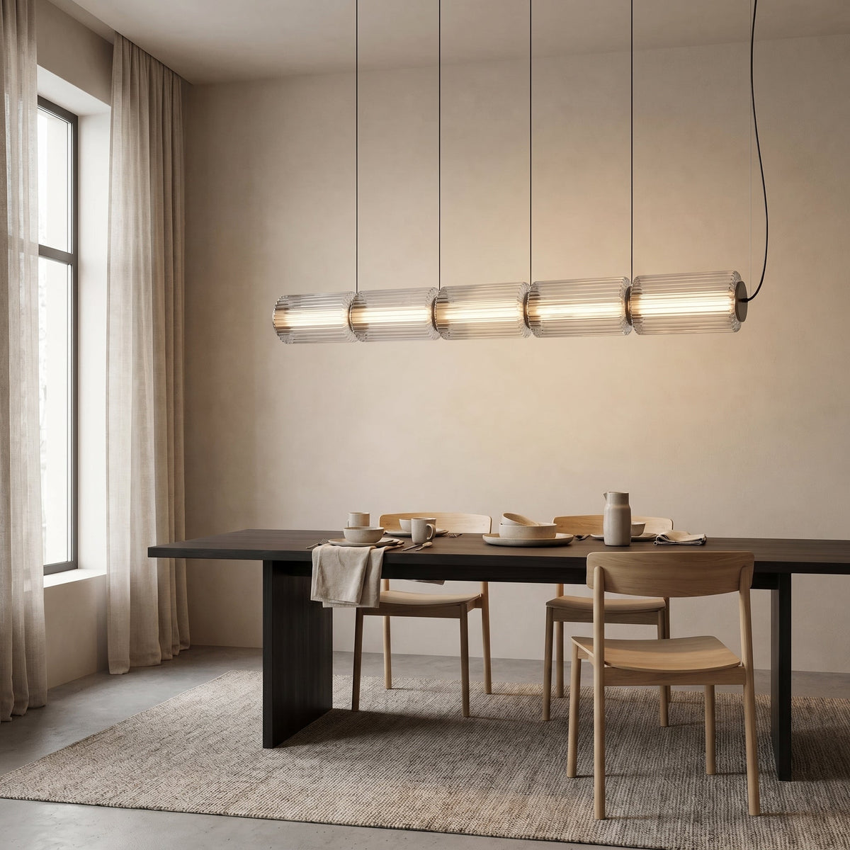 Suspension en verre cylindrique éclairage moderne table à manger bar cuisine LED 3 4 5 lampes réglable design en fer noir | Sansoti