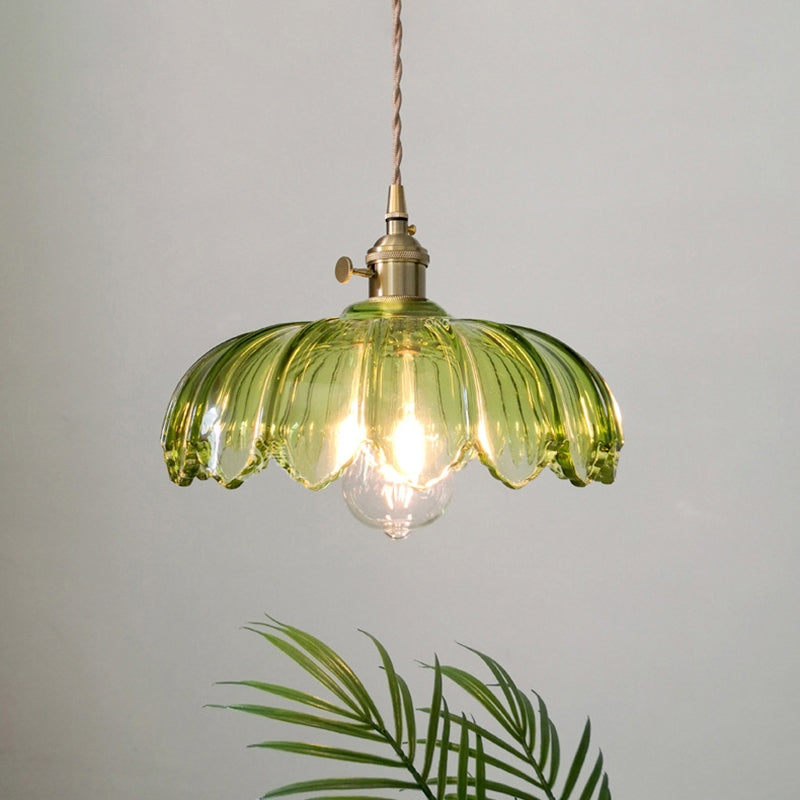 Hanglamp Glas Vintage Bloem Groen Koper 25cm Pendellamp Retro Woonkamer Eetkamer Romantisch | Sansoti