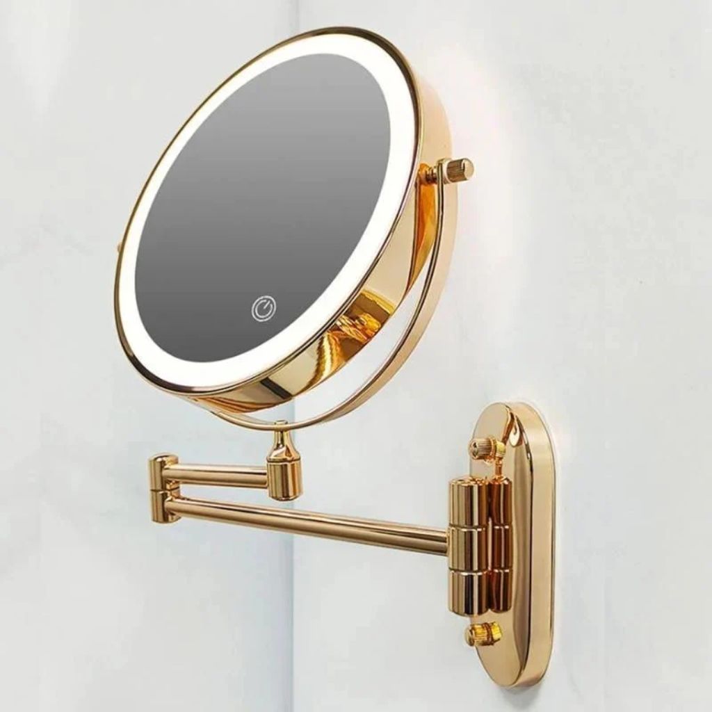 Miroir mural grossissant doré avec éclairage LED, rechargeable, pivotant à 360° pour le maquillage, la salle de bains et le rasage | Sansoti