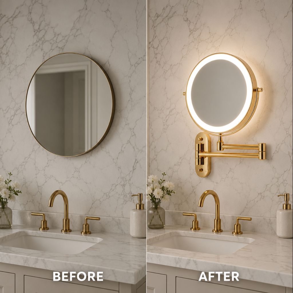 Miroir mural grossissant doré avec éclairage LED, rechargeable, pivotant à 360° pour le maquillage, la salle de bains et le rasage | Sansoti