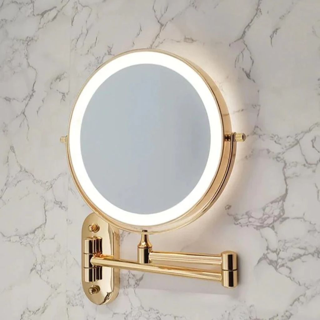 Miroir mural grossissant doré avec éclairage LED, rechargeable, pivotant à 360° pour le maquillage, la salle de bains et le rasage | Sansoti