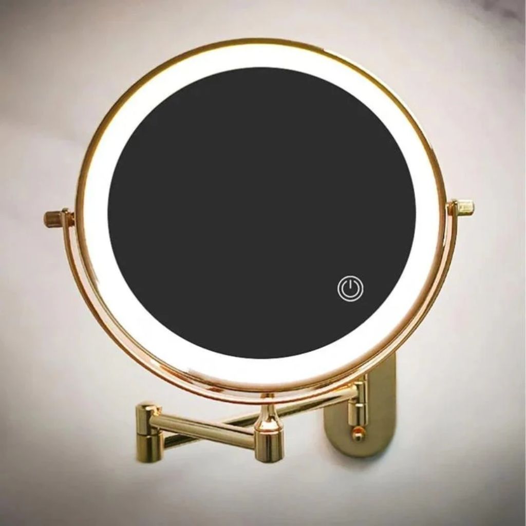 Miroir mural grossissant doré avec éclairage LED, rechargeable, pivotant à 360° pour le maquillage, la salle de bains et le rasage | Sansoti