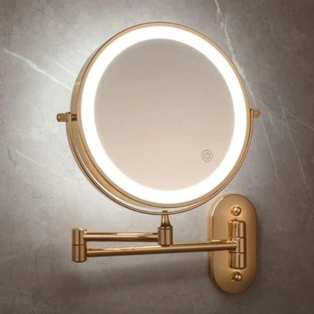 Miroir mural grossissant doré avec éclairage LED, rechargeable, pivotant à 360° pour le maquillage, la salle de bains et le rasage | Sansoti