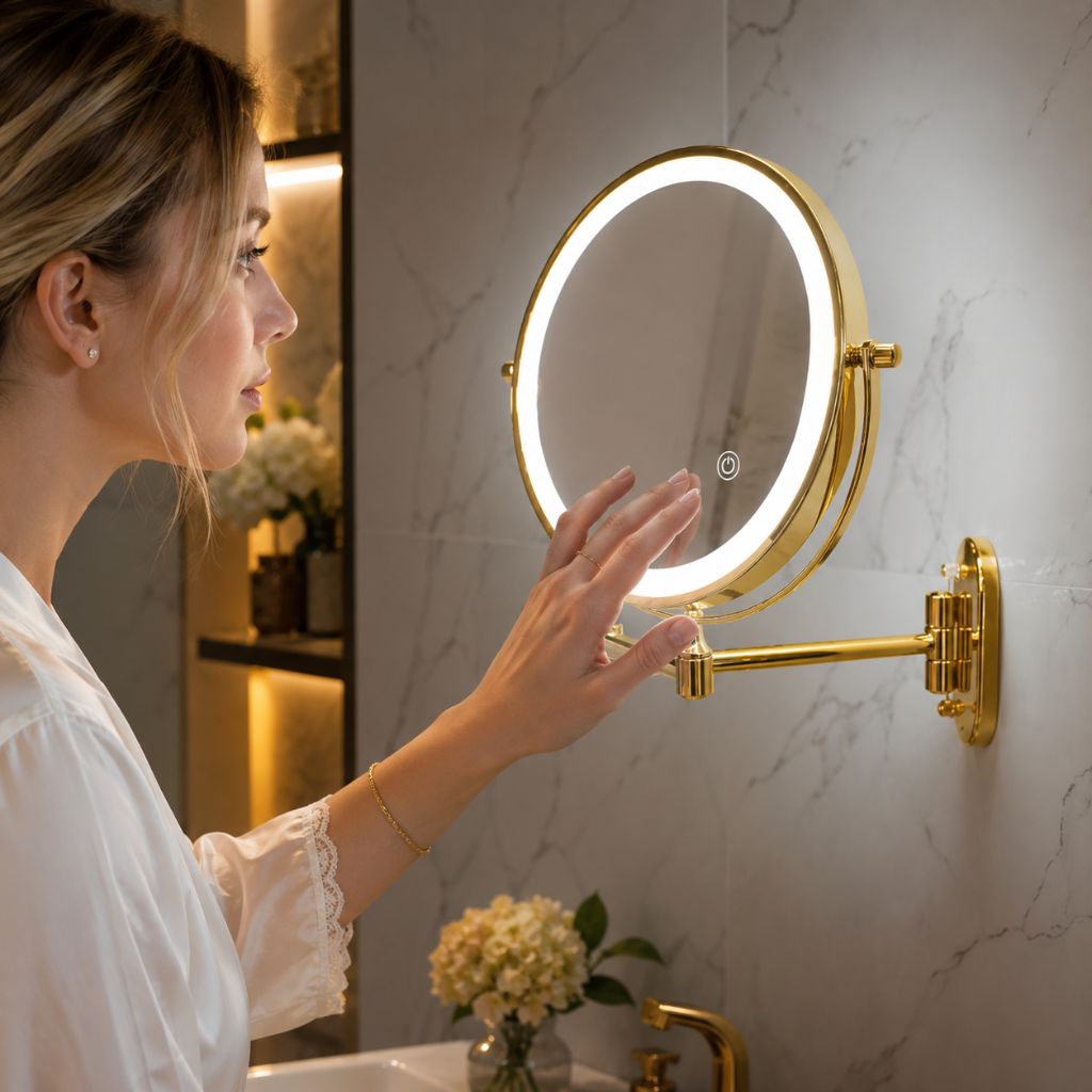 Miroir mural grossissant doré avec éclairage LED, rechargeable, pivotant à 360° pour le maquillage, la salle de bains et le rasage | Sansoti