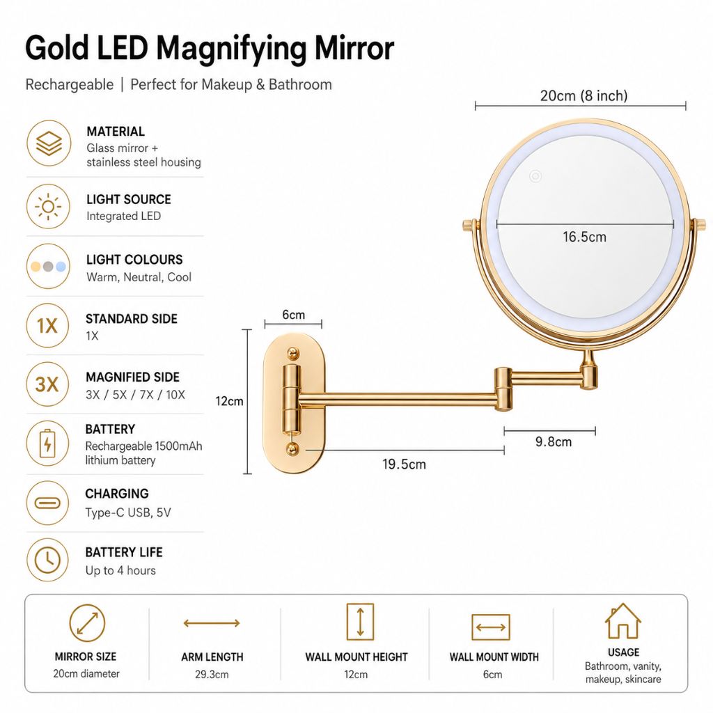 Miroir mural grossissant doré avec éclairage LED, rechargeable, pivotant à 360° pour le maquillage, la salle de bains et le rasage | Sansoti
