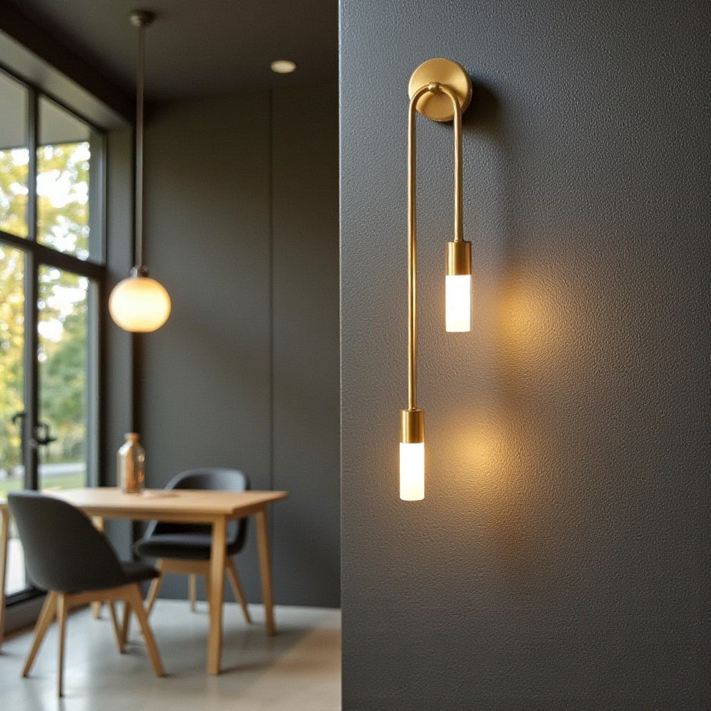 Applique murale dorée avec deux cylindres en verre mat, 55 cm, lumière blanche chaude, design moderne vertical pour le salon | Sansoti