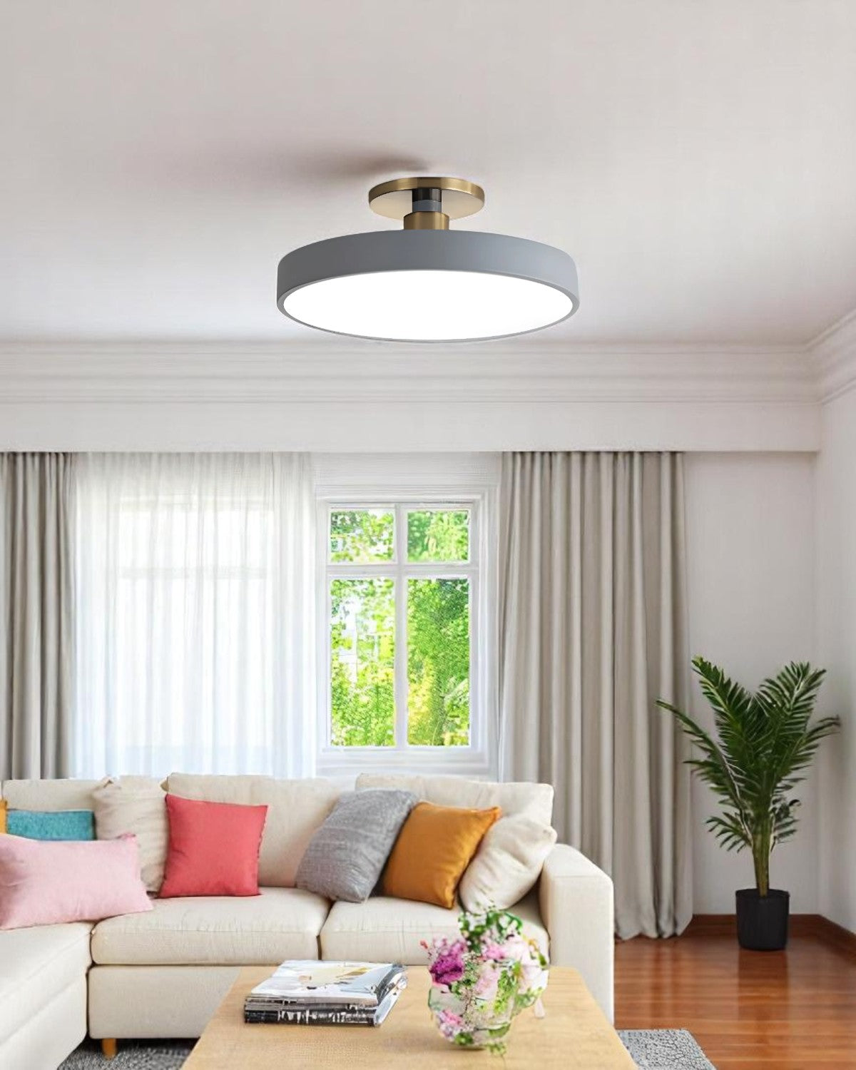 Moderne runde Deckenleuchte mit Gold-Detail und Acryl-Diffusor – minimalistische Semi Flush Design-Beleuchtung für Wohnzimmer und Schlafzimmer | Restfield