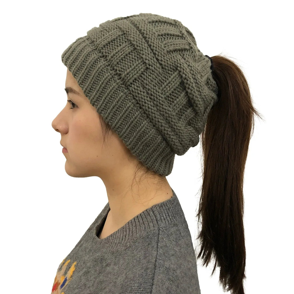 Bonnet d’hiver tricoté avec ouverture pour queue de cheval pour femmes, bonnet chaud, bonnet de ski, accessoire d’hiver pour l’extérieur | Sansoti