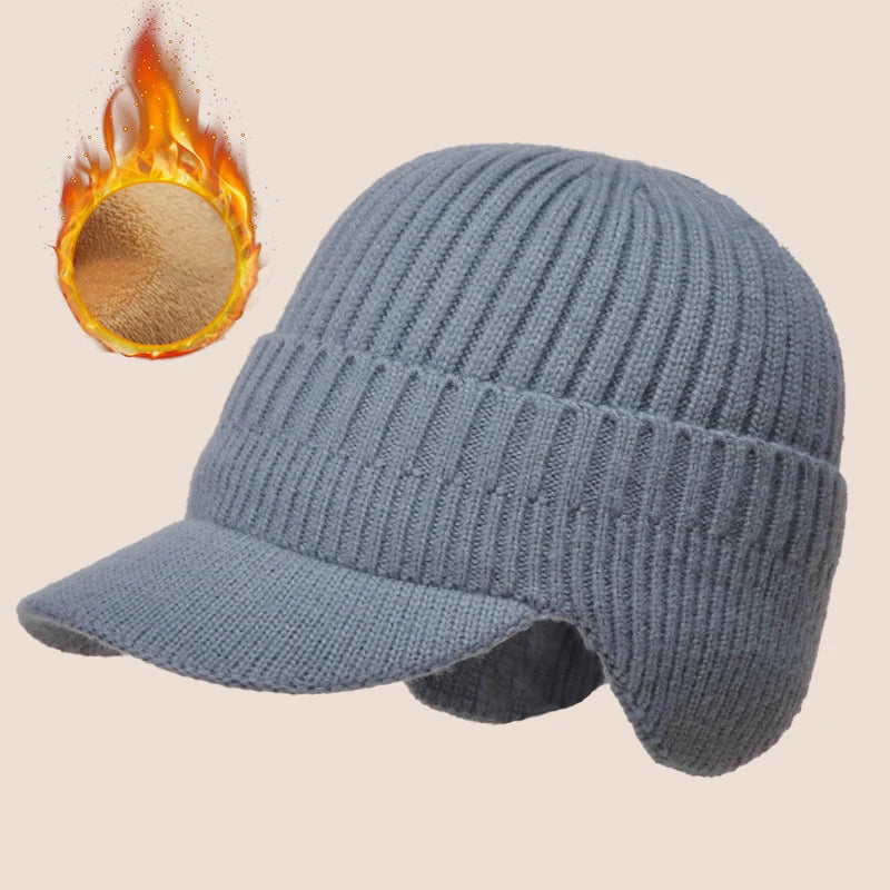 Knitted Winter Hat with Earmuffs for Men Soft Lined Interior Warm Headwear with Visor Winter | Sansoti