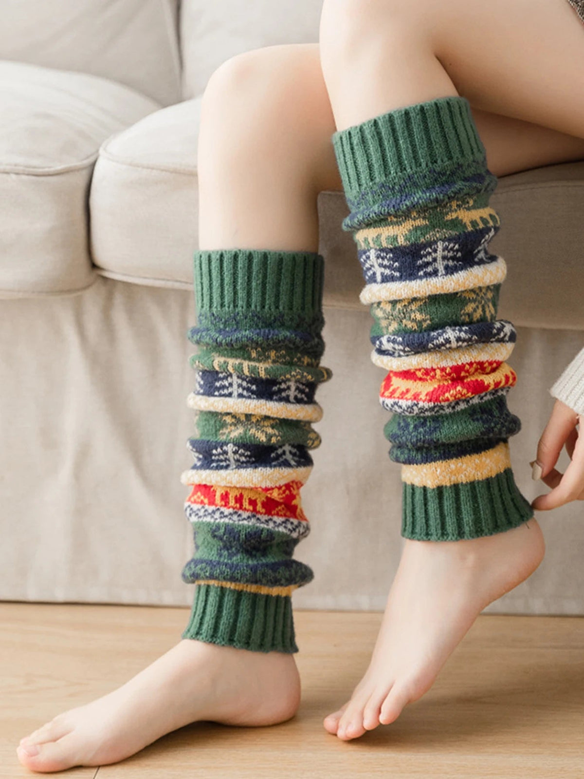 Knitted Leg Warmers for Women Winter Acrylic Long 43cm Snowflake Pattern Flexible Comfortable Warm Cozy | Sansoti