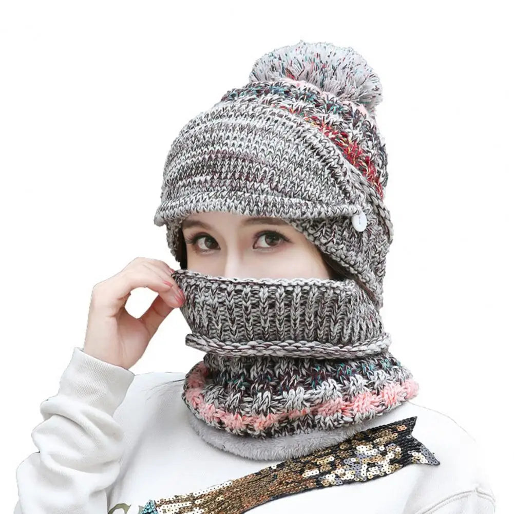 Knitted Hat and Scarf Set with Velvet Lining Removable Face Mask Winter Accessory Warm and Comfortable Women | Sansoti