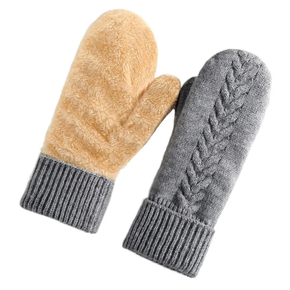 Double-Layer Mittens with Fleece Lining Winter Gloves for Women Warm Knitted Mittens Winter Sports | Sansoti