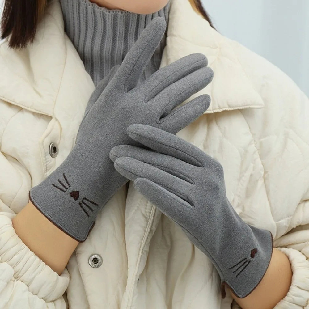 Women's Touchscreen Winter Gloves with Cat Print, Fleece-Lined, Warm Stretch Gloves, Gray Beige | Sansoti