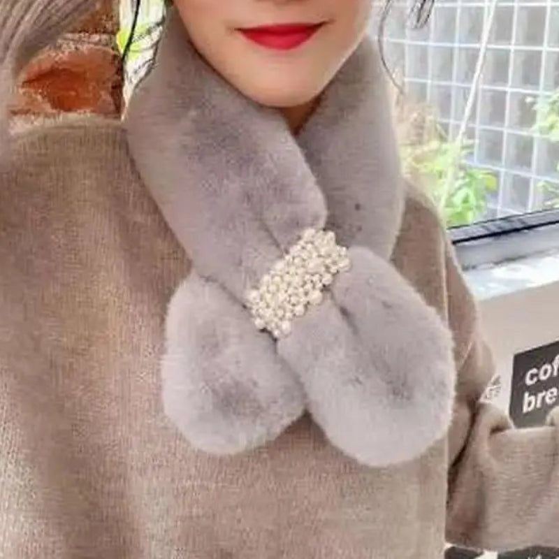 Winter Scarf Faux Fur Pearl Detail Women's Cross-Style Warm Neck Scarf Elegant Winter Fashion Accessory | Sansoti