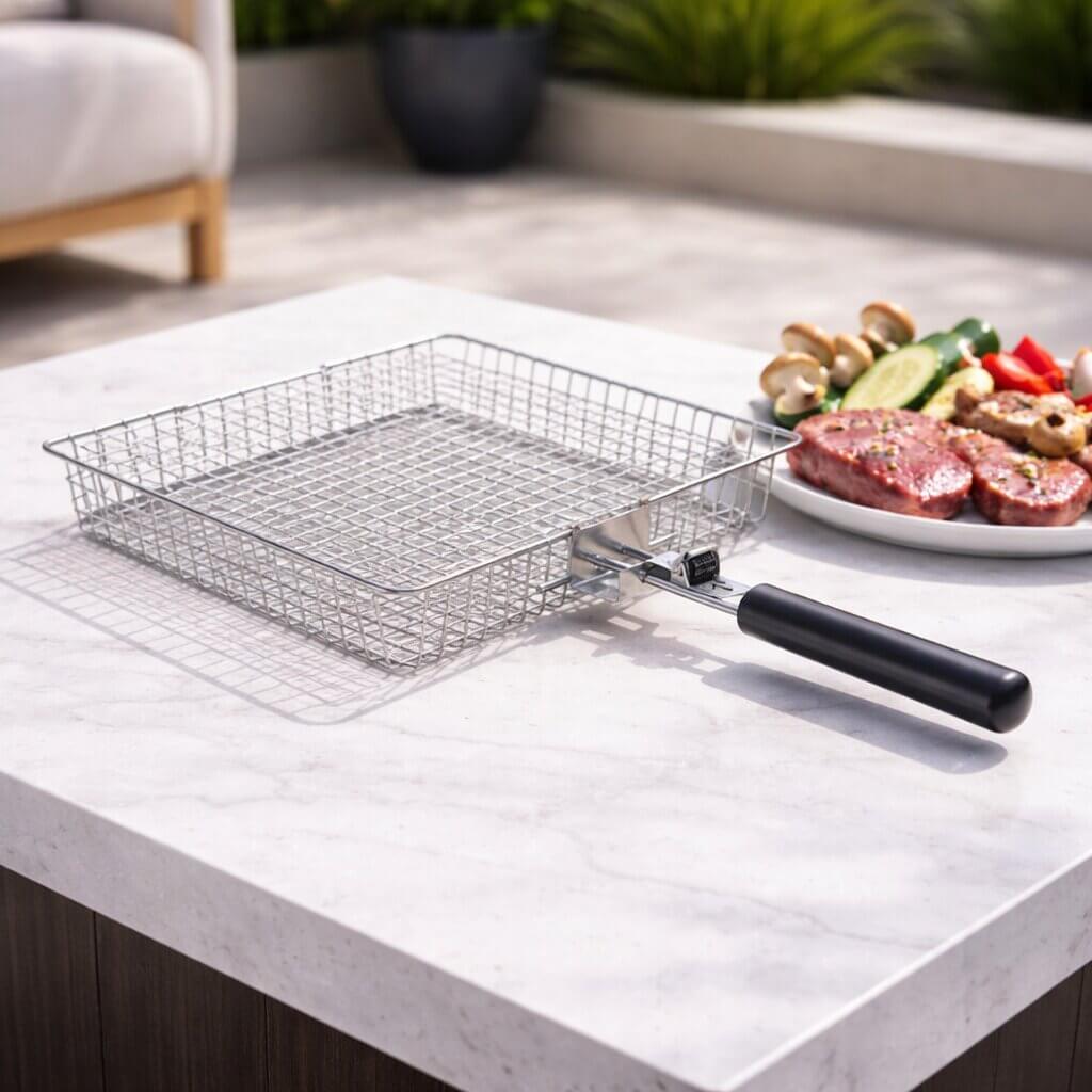 Edelstahl-Grillkorb zum Grillen von Fisch und Gemüse, BBQ-Zubehör für Gartenparty, Camping und Picknick, 33,5x22x29 cm | Sansoti