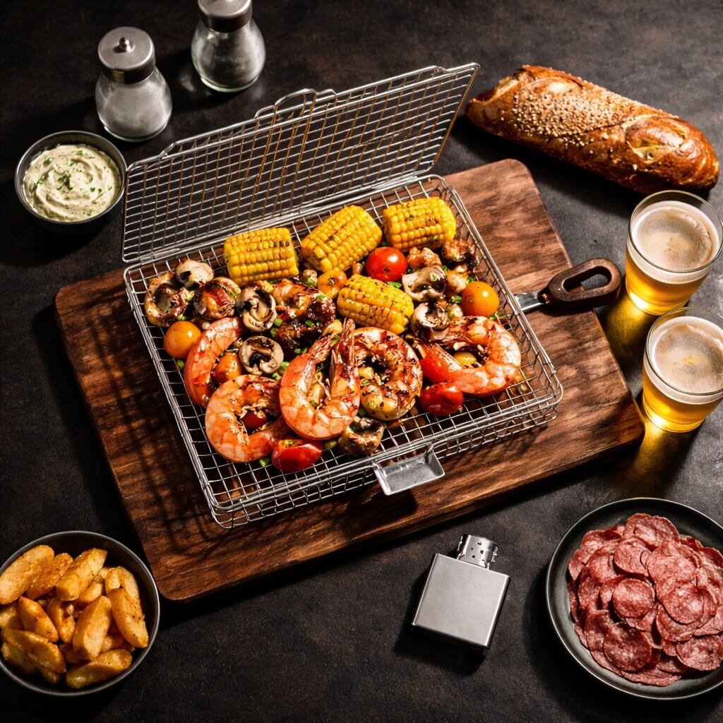 Edelstahl-Grillkorb zum Grillen von Fisch und Gemüse, BBQ-Zubehör für Gartenparty, Camping und Picknick, 33,5x22x29 cm | Sansoti