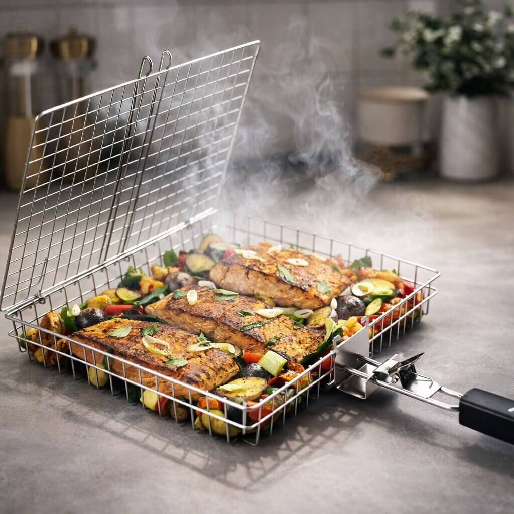 Edelstahl-Grillkorb zum Grillen von Fisch und Gemüse, BBQ-Zubehör für Gartenparty, Camping und Picknick, 33,5x22x29 cm | Sansoti