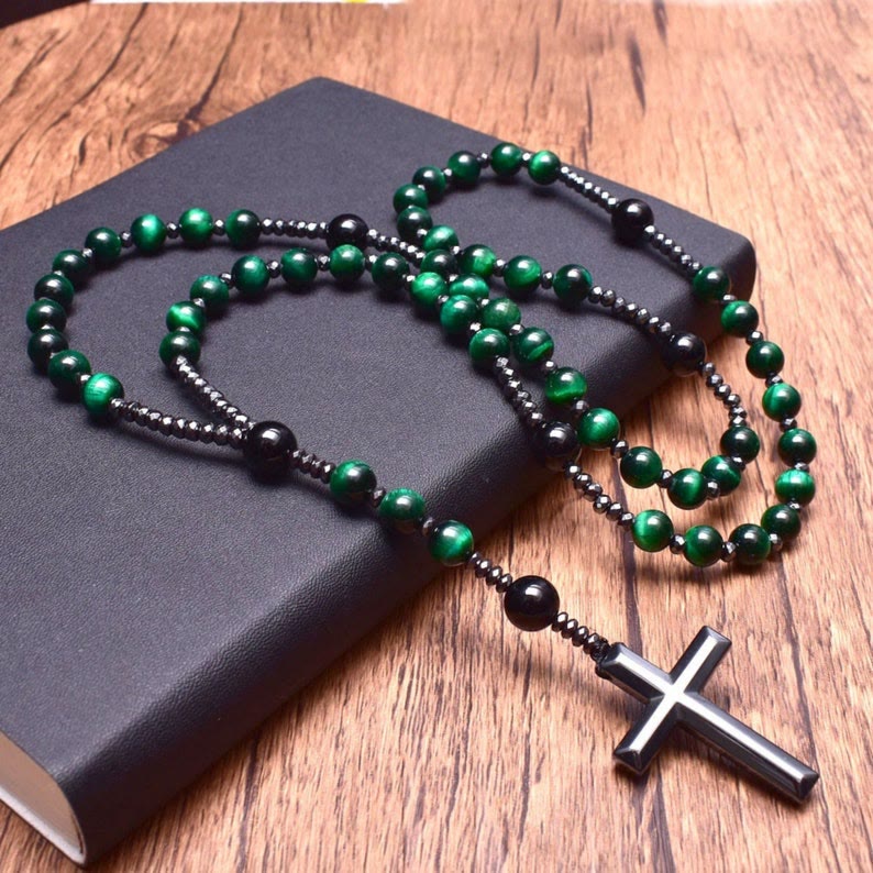 Natuursteen Rozenkrans Ketting met Kruis Hanger voor Mannen Zwart Blauw Groen Grijs | Sansoti