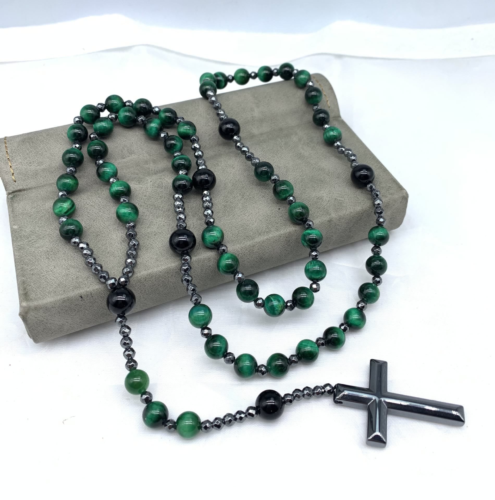 Natuursteen Rozenkrans Ketting met Kruis Hanger voor Mannen Zwart Blauw Groen Grijs | Sansoti