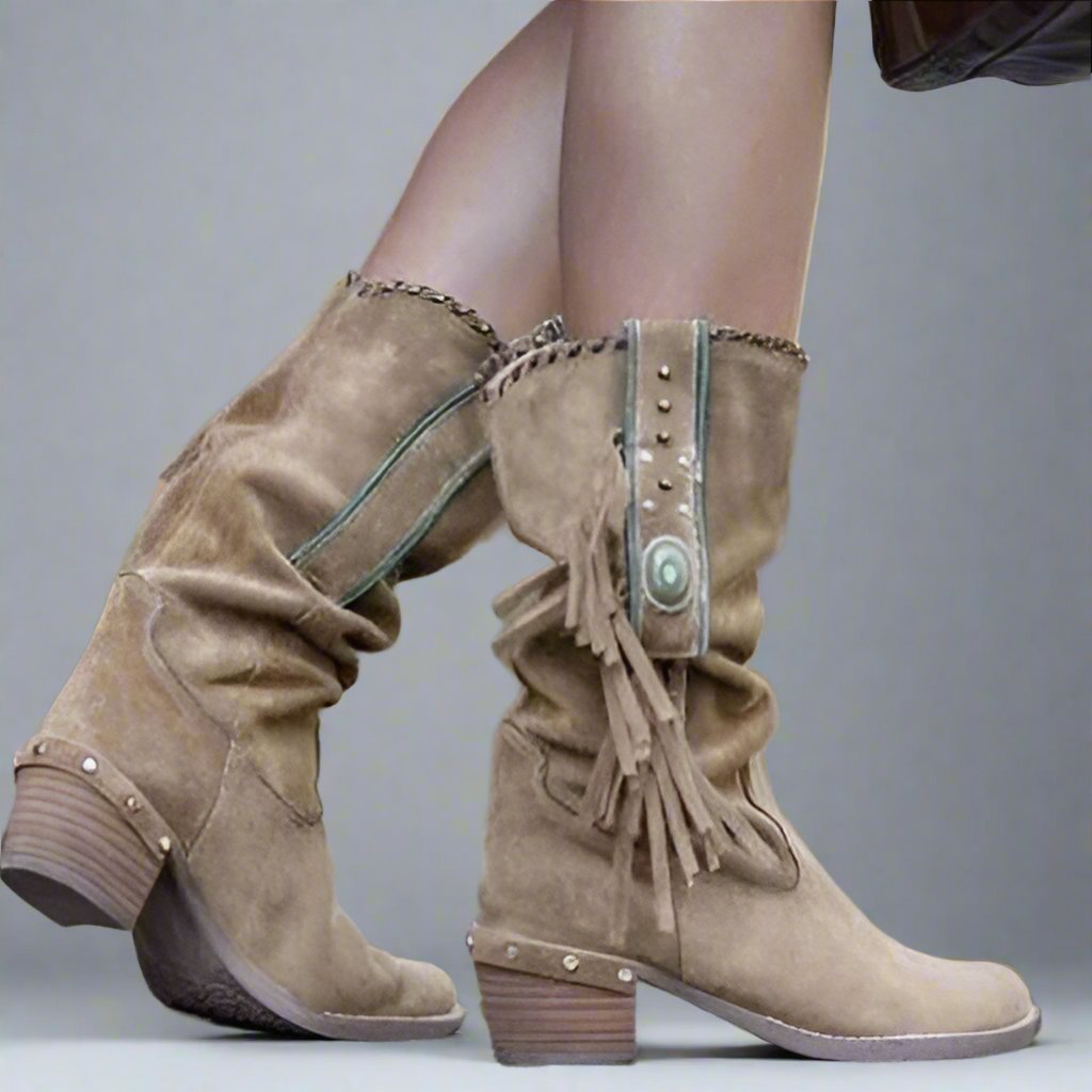 Bottes mi-hautes à franges pour femme, marron, noires ou beiges, style bohème, pour l’automne et l’hiver, aspect daim, style western | Sansoti