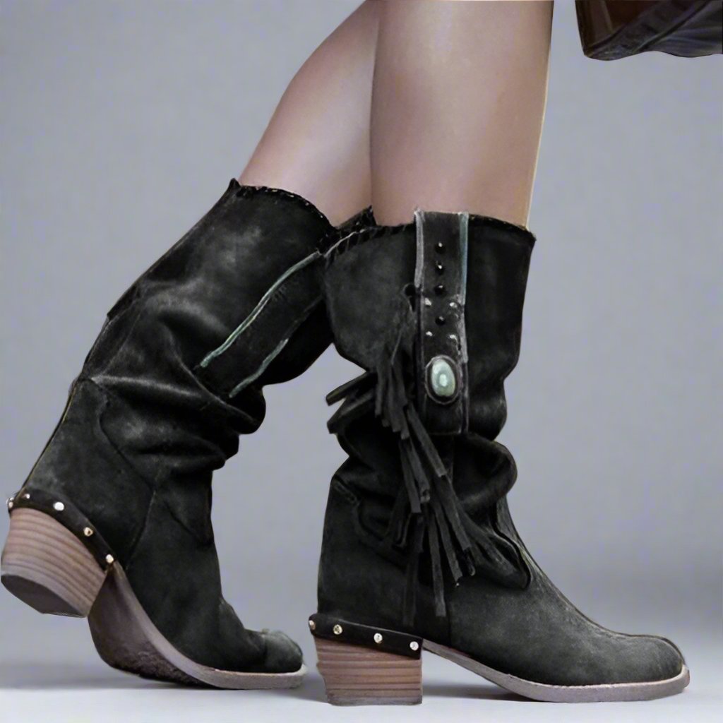 Bottes mi-hautes à franges pour femme, marron, noires ou beiges, style bohème, pour l’automne et l’hiver, aspect daim, style western | Sansoti
