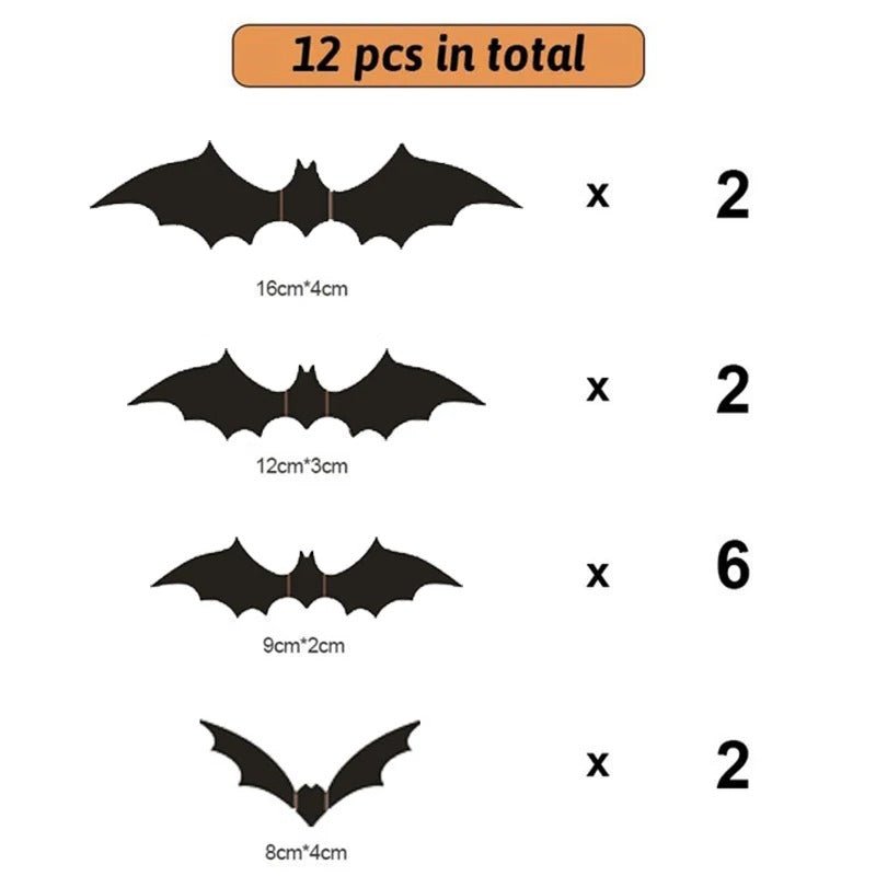 3D-Fledermaus-Wanddekoration aus PVC, 12-48 Stück, Halloween-Wandaufkleber für drinnen und draußen, Partydekoration für Innenräume | Sansoti