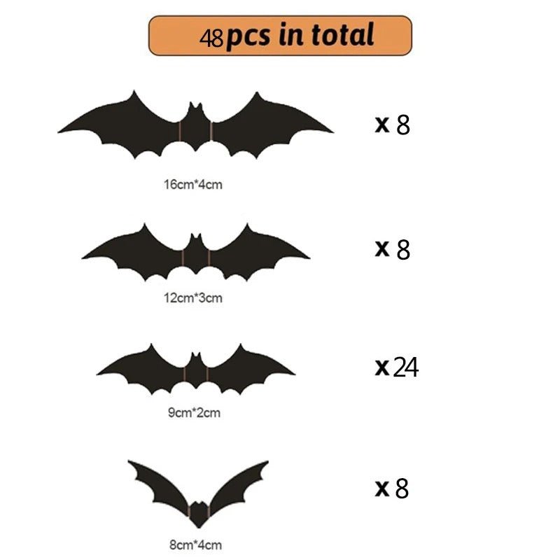 3D-Fledermaus-Wanddekoration aus PVC, 12-48 Stück, Halloween-Wandaufkleber für drinnen und draußen, Partydekoration für Innenräume | Sansoti