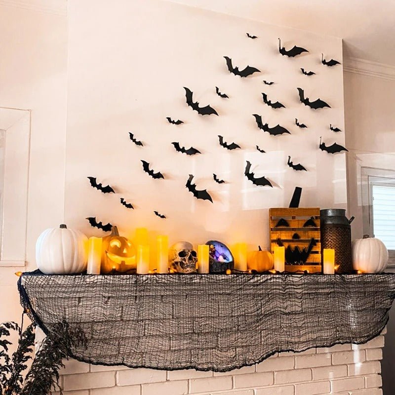 3D-Fledermaus-Wanddekoration aus PVC, 12-48 Stück, Halloween-Wandaufkleber für drinnen und draußen, Partydekoration für Innenräume | Sansoti