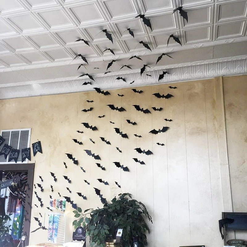 3D-Fledermaus-Wanddekoration aus PVC, 12-48 Stück, Halloween-Wandaufkleber für drinnen und draußen, Partydekoration für Innenräume | Sansoti