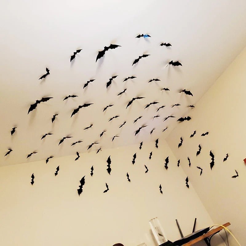 3D-Fledermaus-Wanddekoration aus PVC, 12-48 Stück, Halloween-Wandaufkleber für drinnen und draußen, Partydekoration für Innenräume | Sansoti