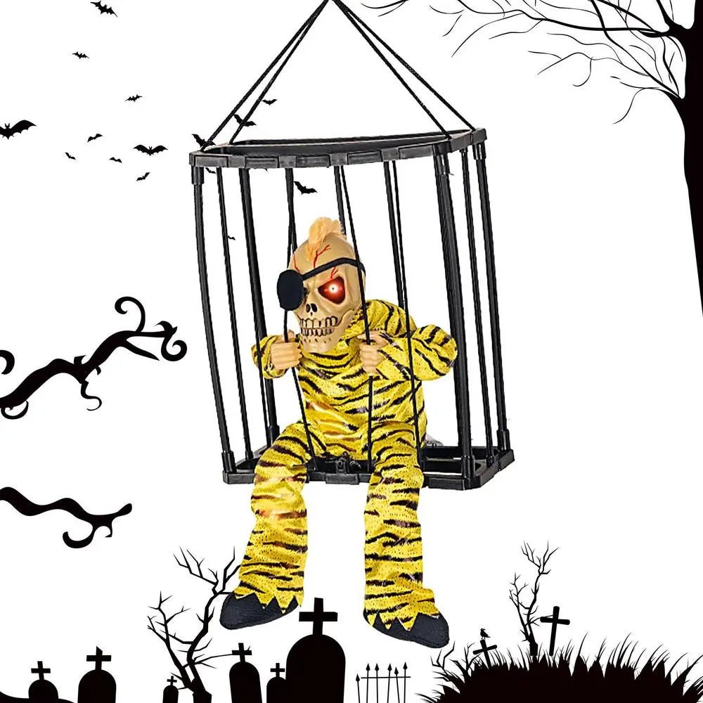 Sprechendes Skelett eines Gefangenen im Käfig Halloween-Dekoration mit Bewegungssensor, Licht und Sound Gruseleffekt | Sansoti