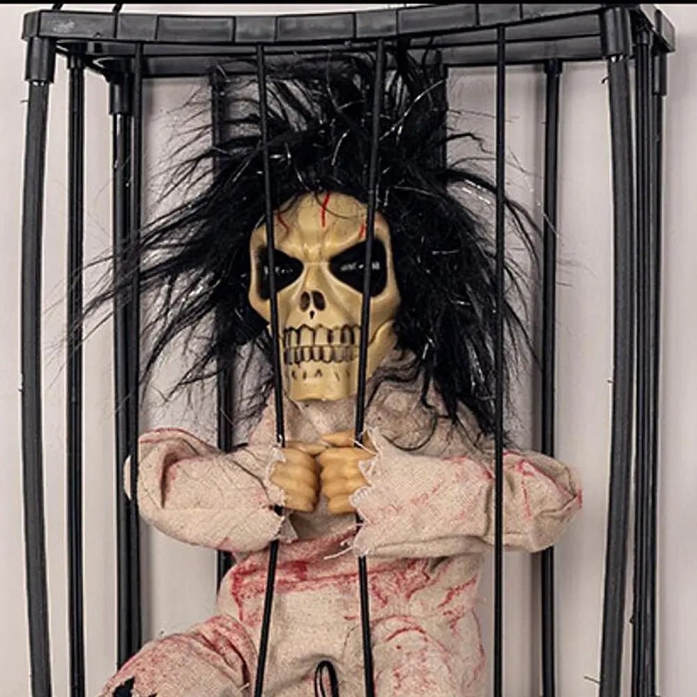 Sprechendes Skelett eines Gefangenen im Käfig Halloween-Dekoration mit Bewegungssensor, Licht und Sound Gruseleffekt | Sansoti