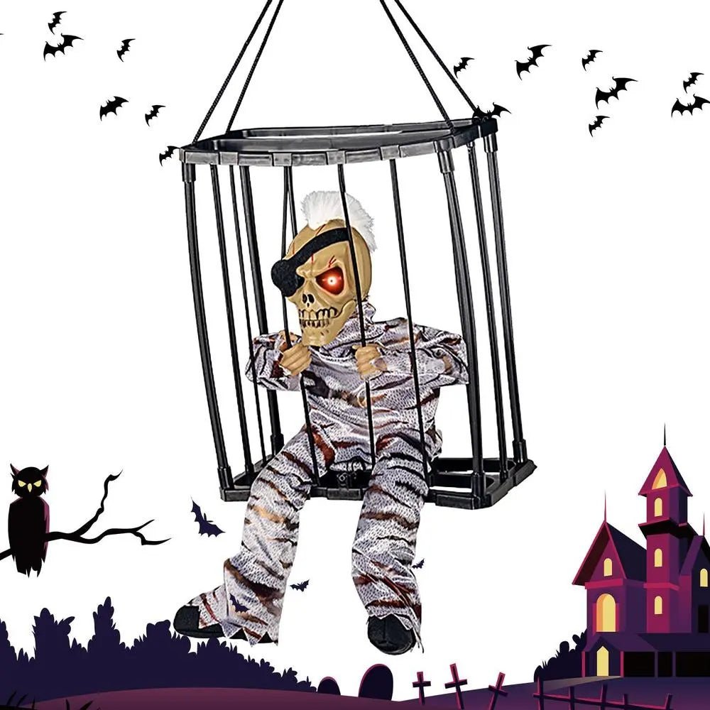 Sprechendes Skelett eines Gefangenen im Käfig Halloween-Dekoration mit Bewegungssensor, Licht und Sound Gruseleffekt | Sansoti