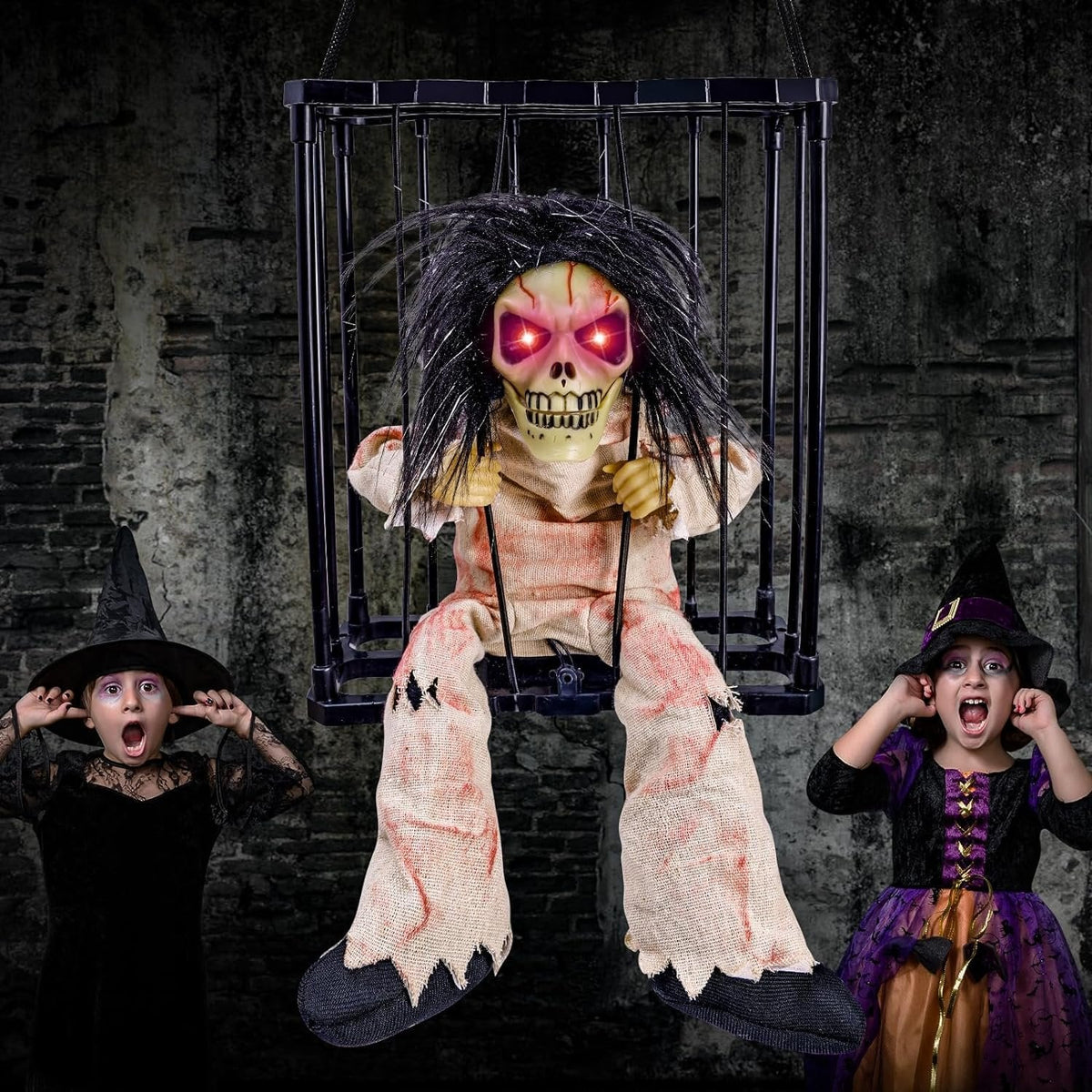 Sprechendes Skelett eines Gefangenen im Käfig Halloween-Dekoration mit Bewegungssensor, Licht und Sound Gruseleffekt | Sansoti