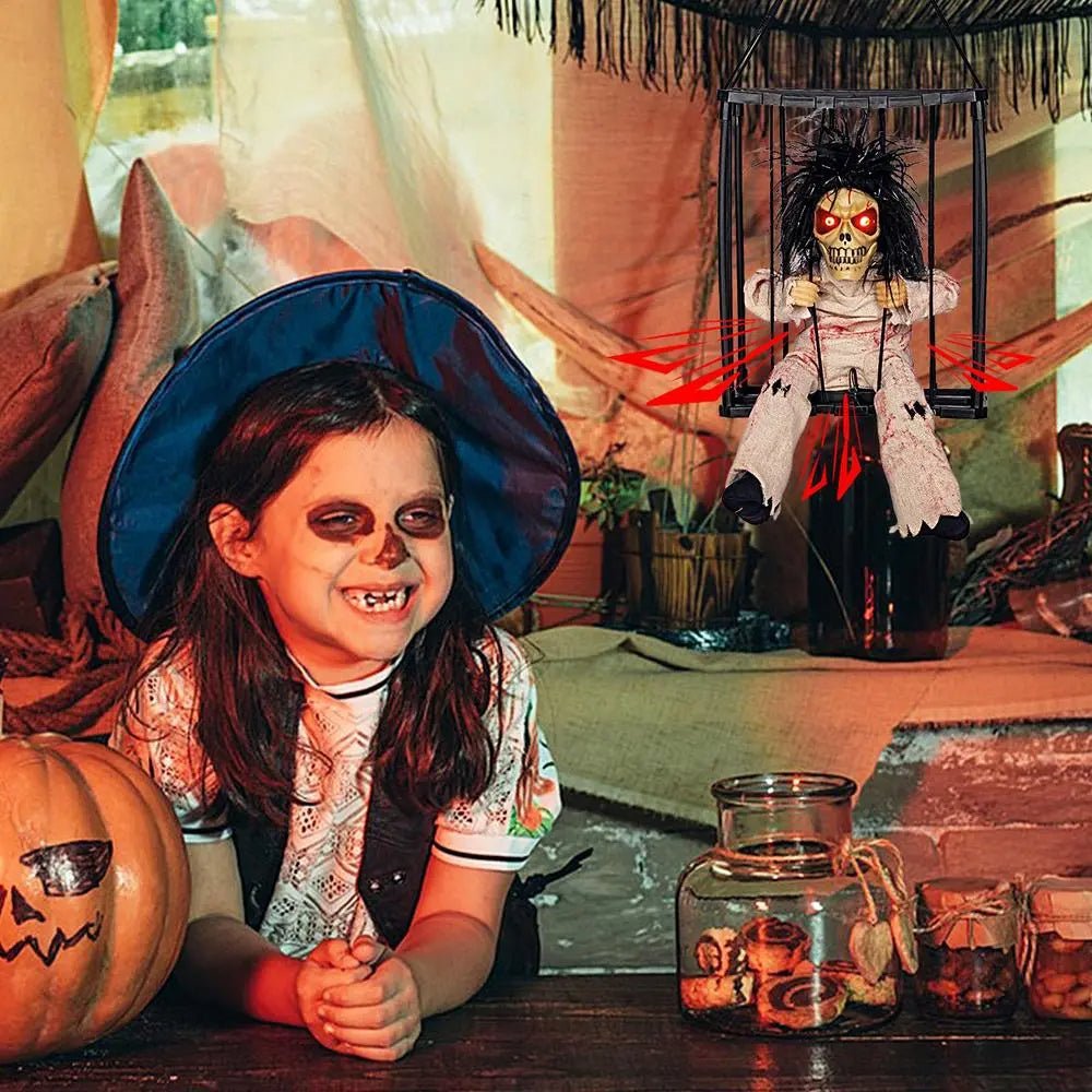 Sprechendes Skelett eines Gefangenen im Käfig Halloween-Dekoration mit Bewegungssensor, Licht und Sound Gruseleffekt | Sansoti