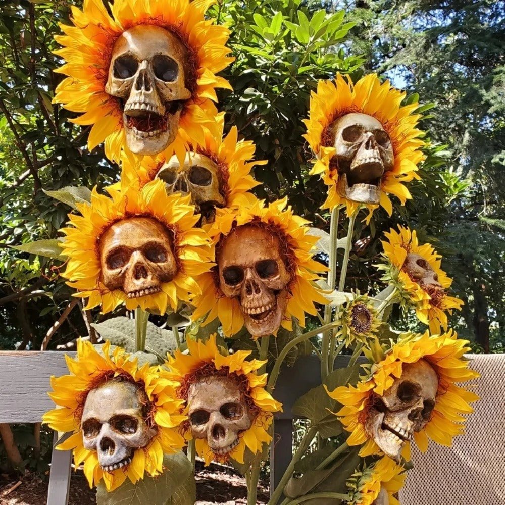 Tournesol artificiel avec motif de crâne - Décoration d’Halloween pour l’intérieur et l’extérieur - Fleur gothique d’automne | Sansoti