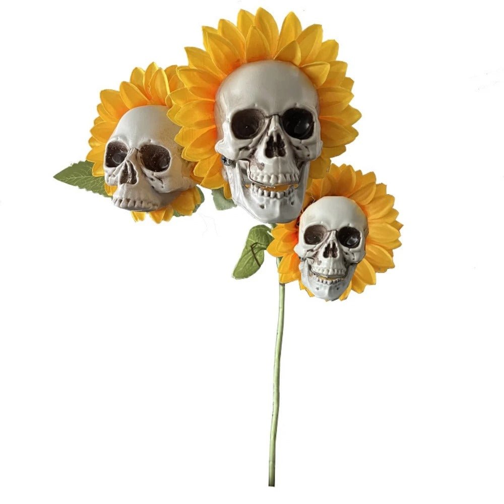 Tournesol artificiel avec motif de crâne - Décoration d’Halloween pour l’intérieur et l’extérieur - Fleur gothique d’automne | Sansoti
