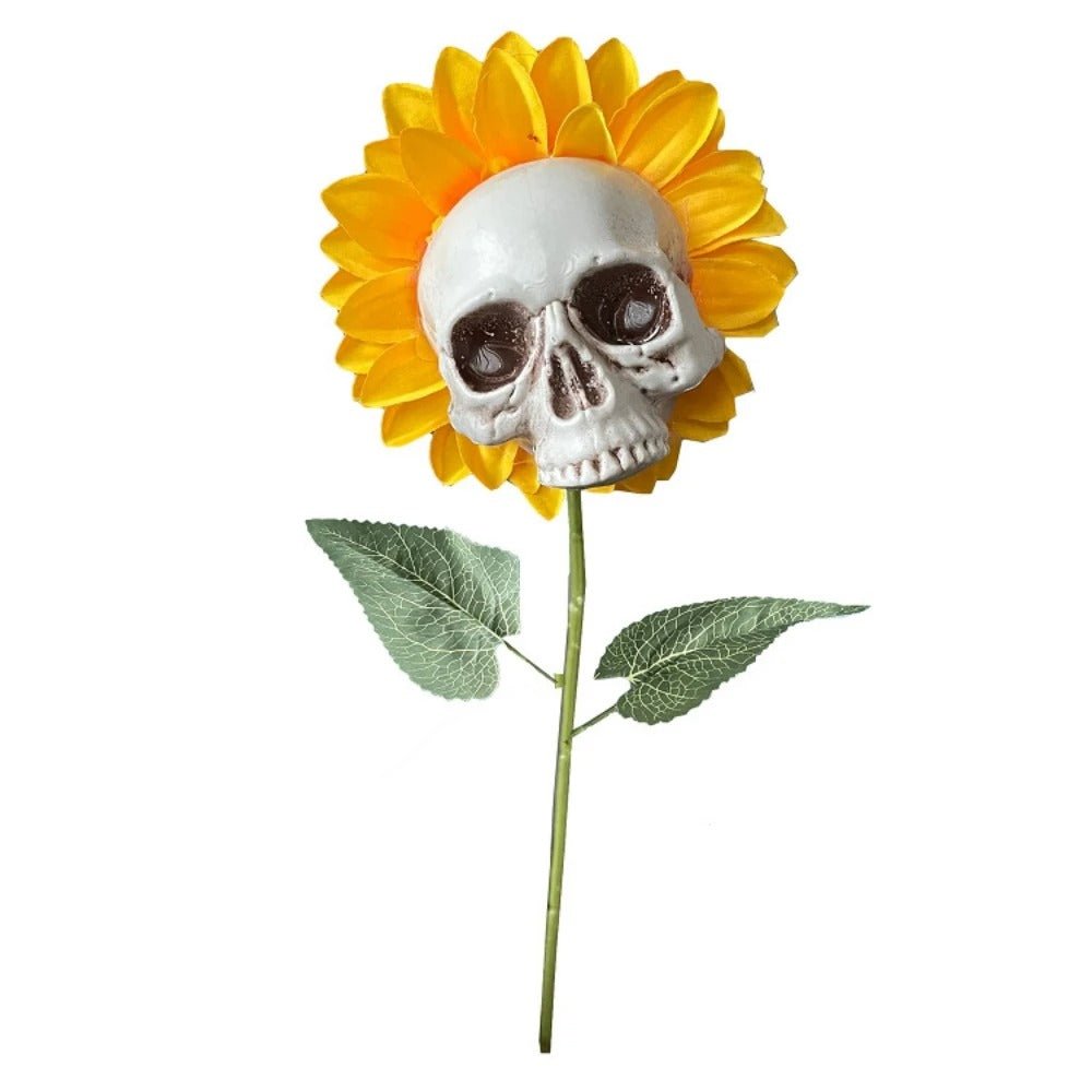 Tournesol artificiel avec motif de crâne - Décoration d’Halloween pour l’intérieur et l’extérieur - Fleur gothique d’automne | Sansoti