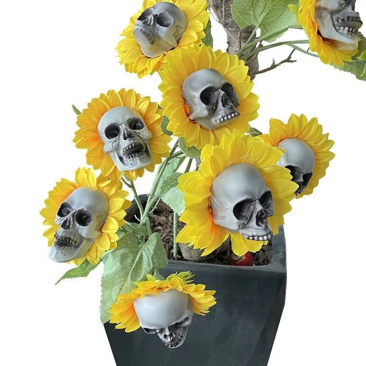 Tournesol artificiel avec motif de crâne - Décoration d’Halloween pour l’intérieur et l’extérieur - Fleur gothique d’automne | Sansoti