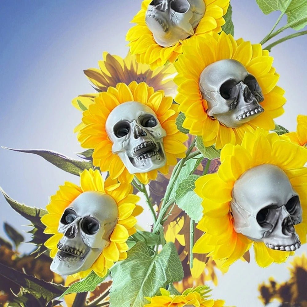 Tournesol artificiel avec motif de crâne - Décoration d’Halloween pour l’intérieur et l’extérieur - Fleur gothique d’automne | Sansoti