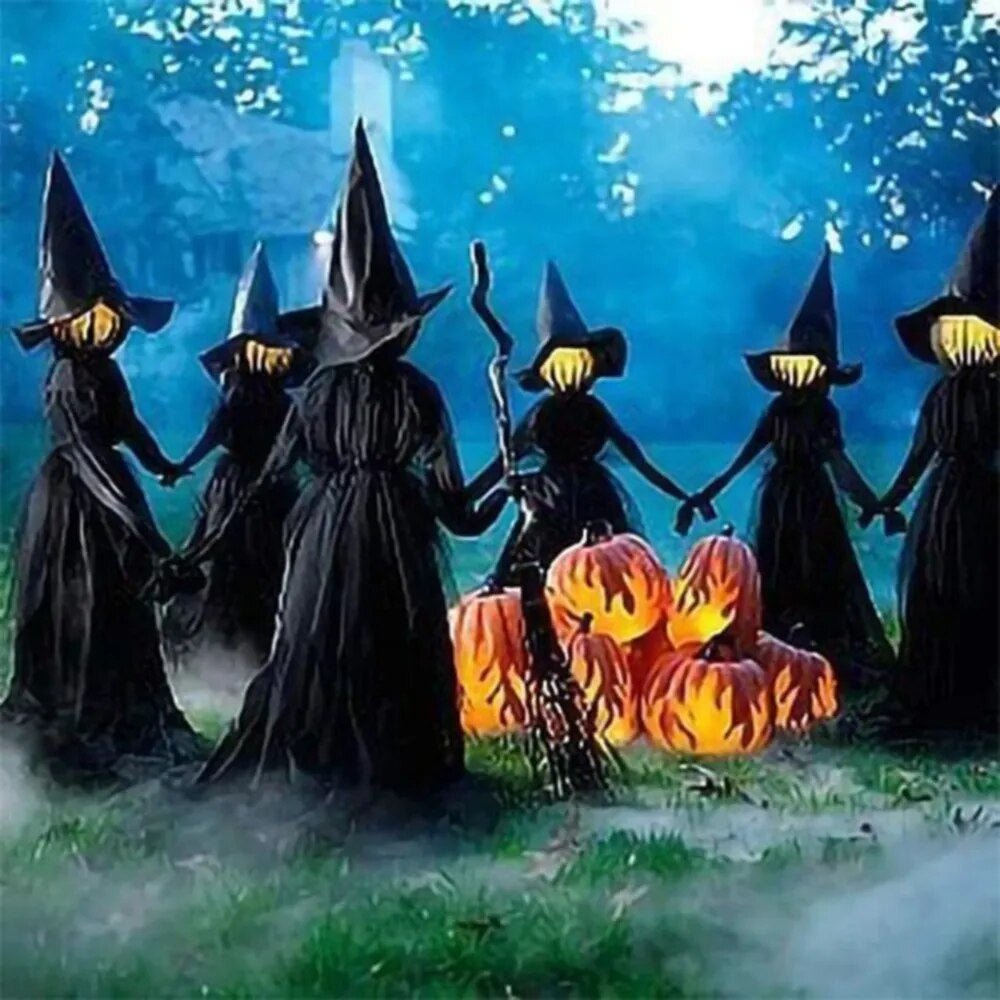 Aufblasbare Hexen mit leuchtenden Köpfen und Geräuschsensor für Halloween-Gartendekoration im Außenbereich | Sansoti