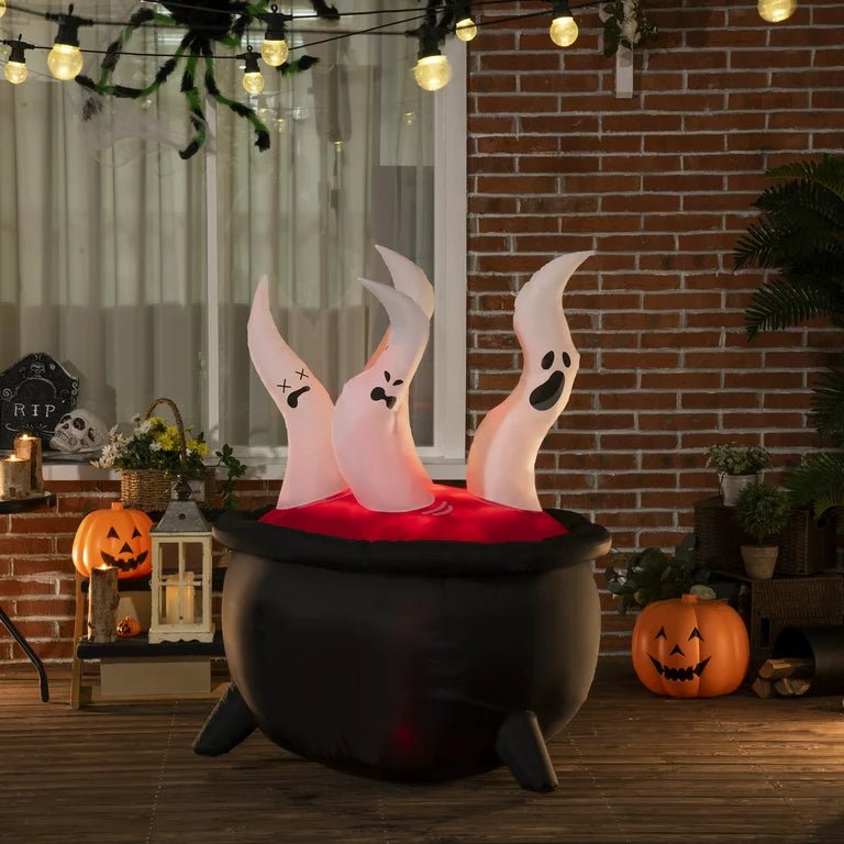 Aufblasbarer Halloween-Kessel mit LED-Geisterdekoration für Gartenbeleuchtung, Partydekoration im Außenbereich, Hexe | Sansoti