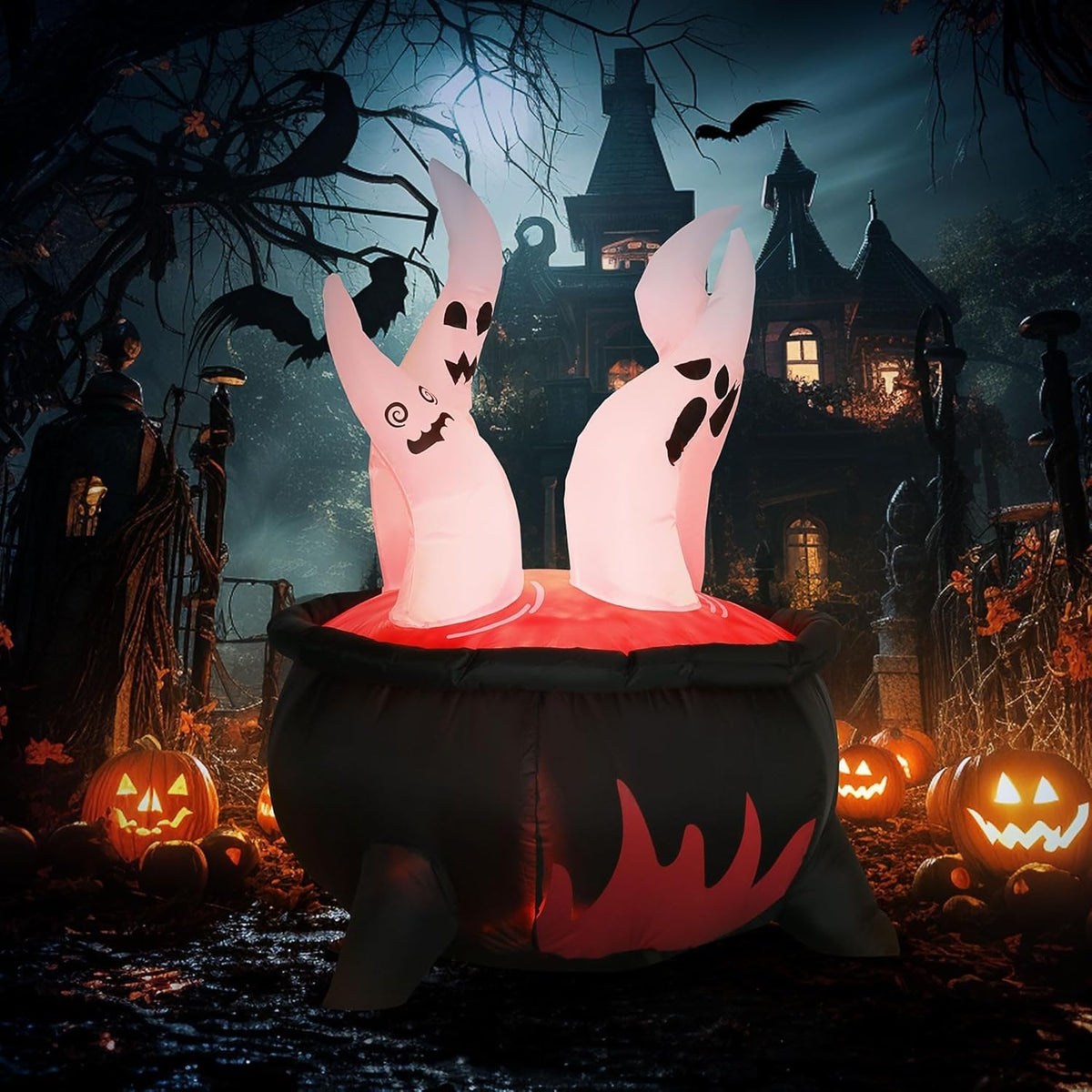 Aufblasbarer Halloween-Kessel mit LED-Geisterdekoration für Gartenbeleuchtung, Partydekoration im Außenbereich, Hexe | Sansoti